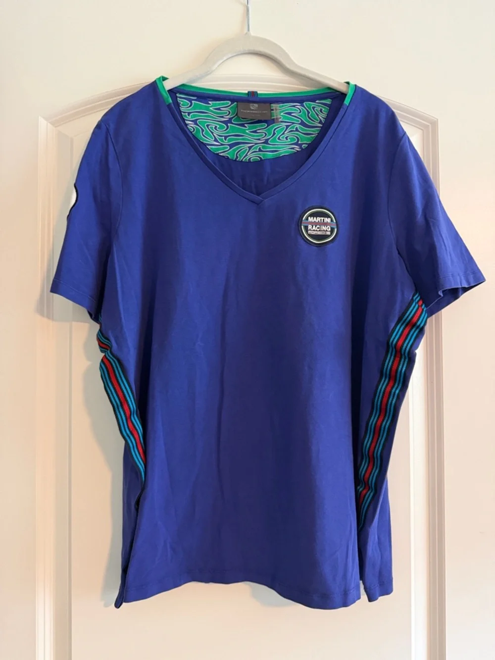 Porsche Martini Racing Blue V-Neck Shirt with Patches Women’s XL - Picture 1 of 7